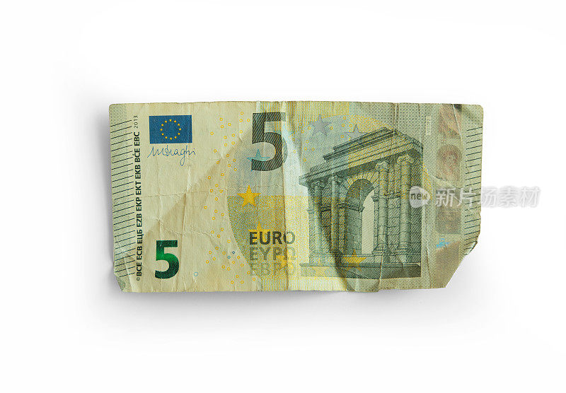 Curved old €5 banknote